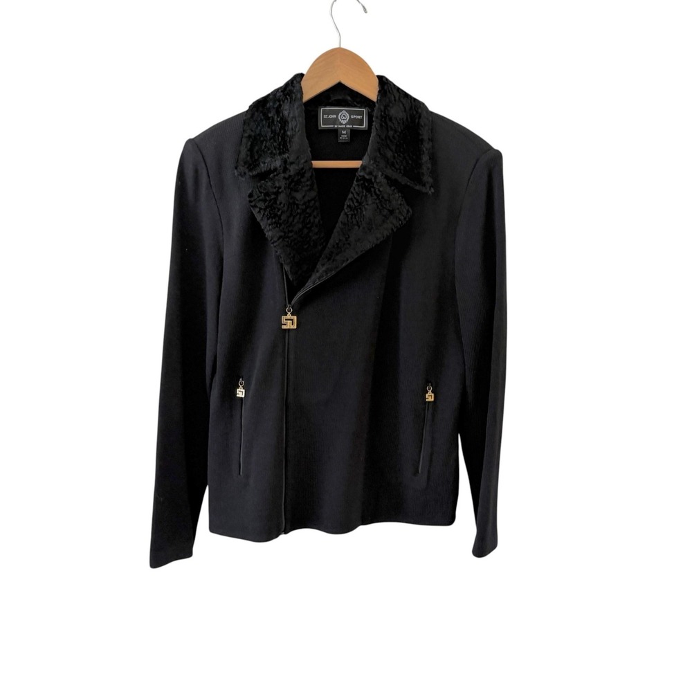 Vintage St John Sport Faux Fur Collar Knit Jacket Womens M Black Moto OId Money